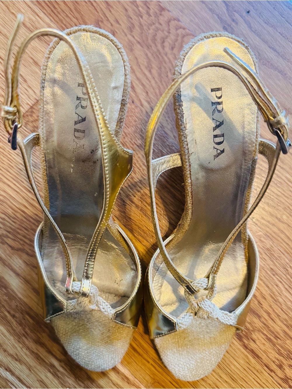 Prada Gold Metallic Slingback Wedge Sandals Size 39 - Check Pics of Heels